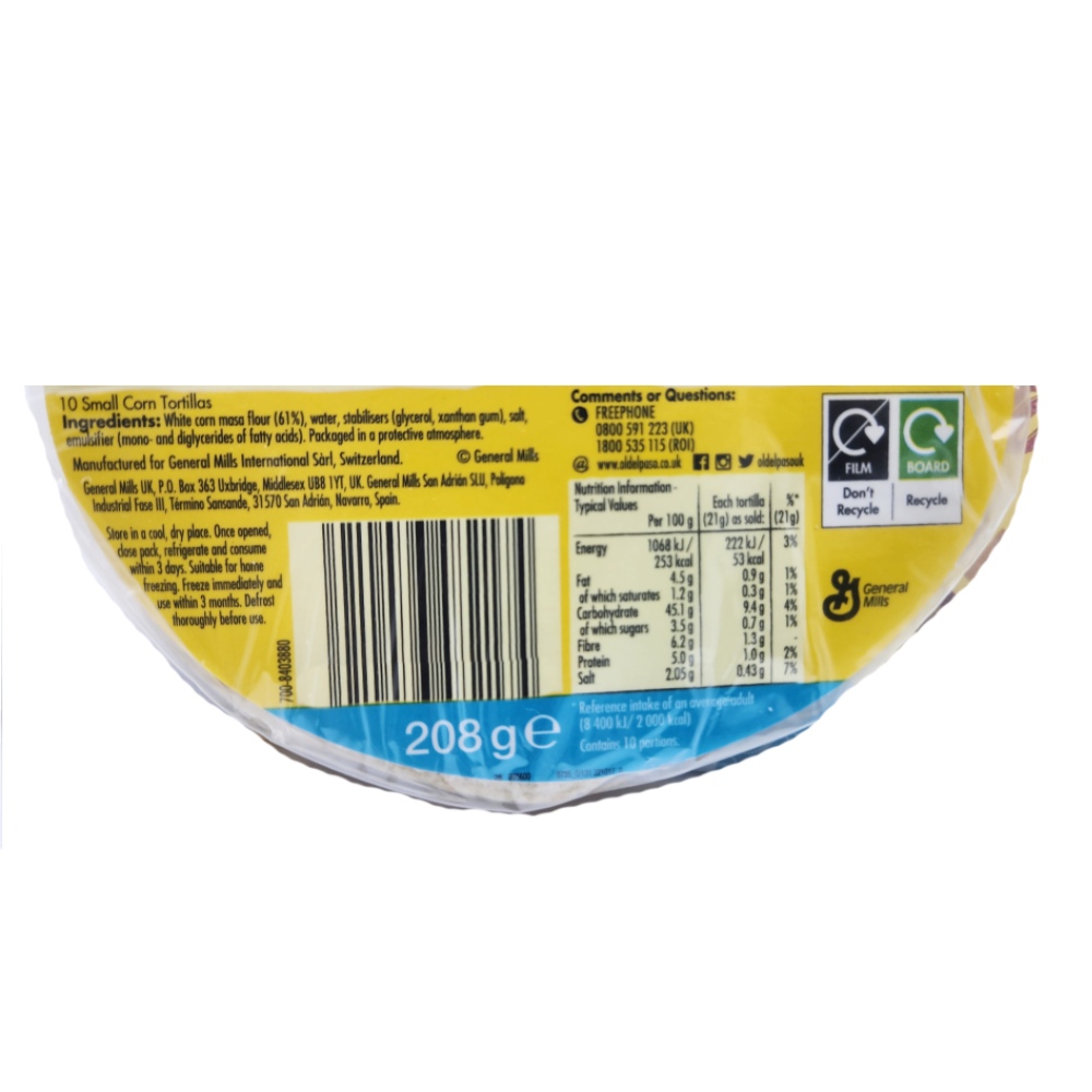 Old El Paso White Corn Tortillas 208g right side image