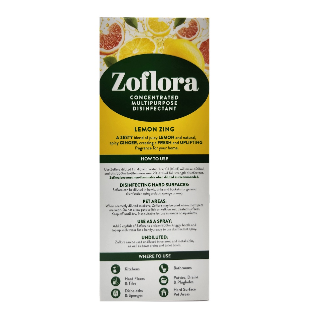Zoflora Lemon Zing Multipurpose Disinfectant 500ml back image
