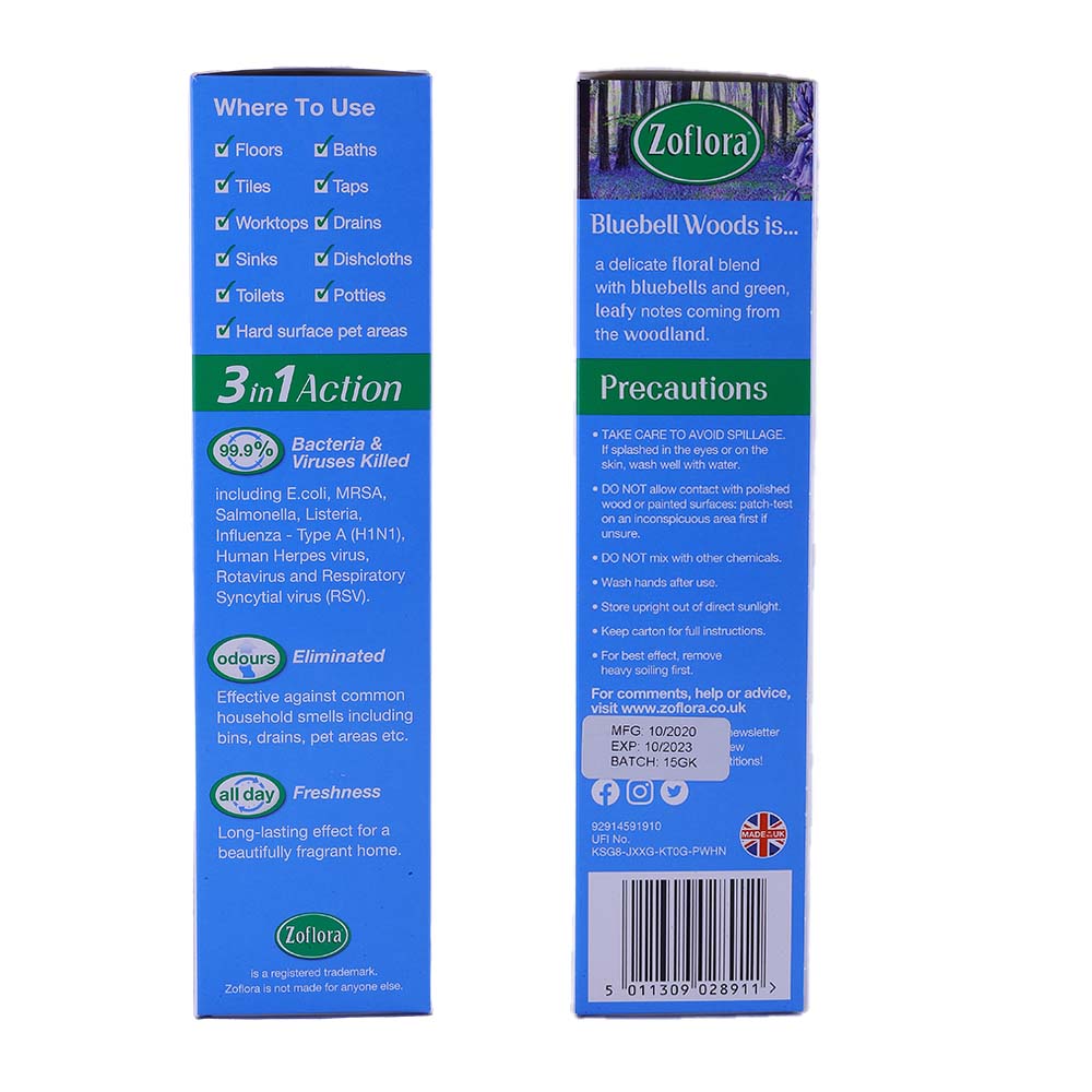 Zoflora Bluebell Woods Disinfectant 500ml right and left side image