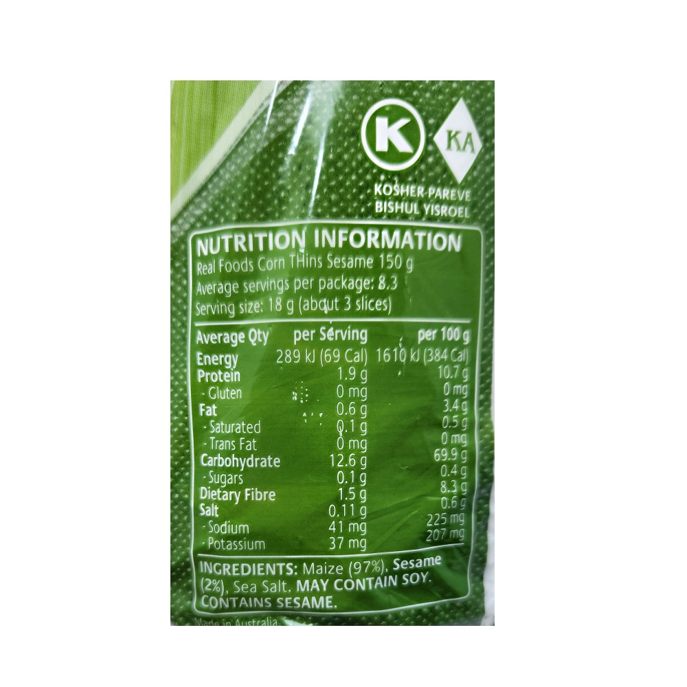 Real Foods Sesame Corn Thins 150g back image