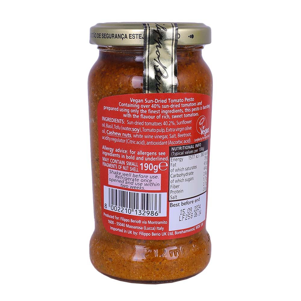 Filippo Berio Vegan Sun Dried Tomato Pesto 190g back image