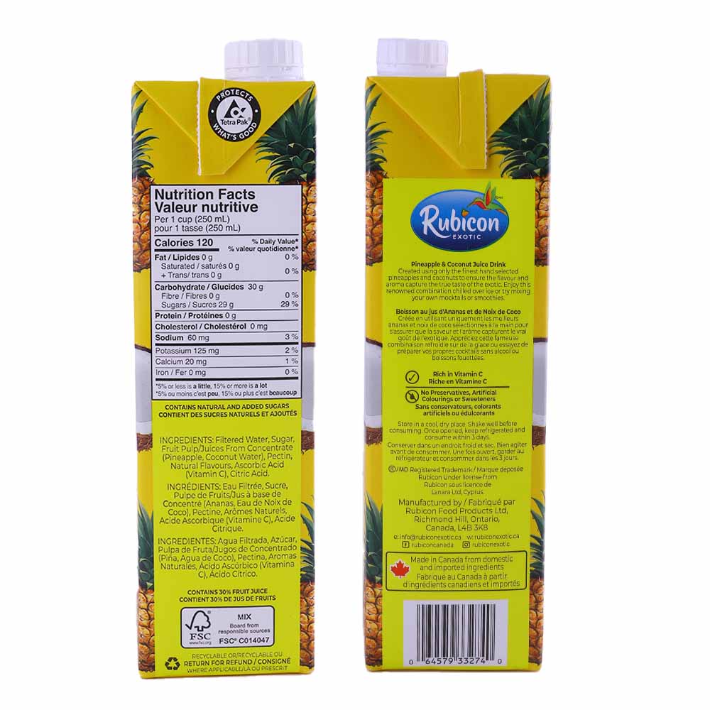 Rubicon Pineapple & Coconut Juice Drink 1L right and left side image