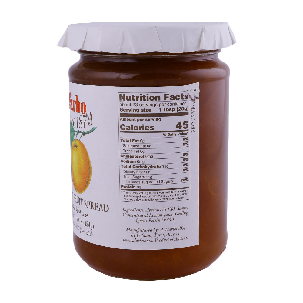 D'arbo Apricot Fruit Spread 454g back image