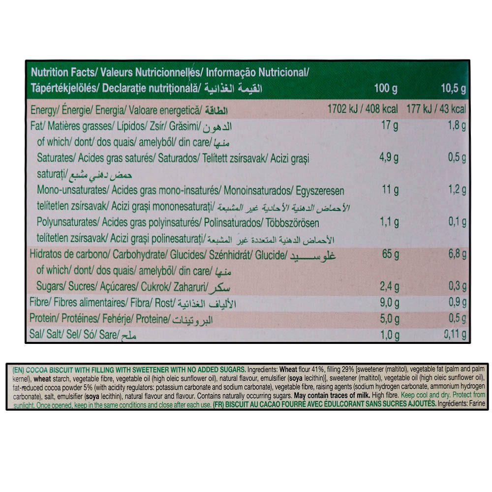 Gullon Zero Sugar Twins Cocoa Sandwich Filling 210g back image