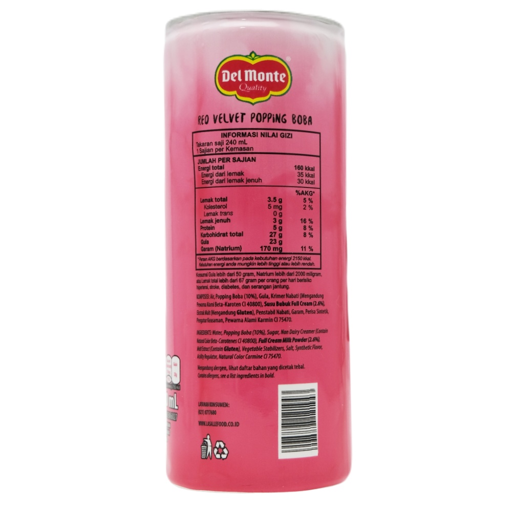 Delmonte Red Velvet With Popping Boba Drink 240ml back image