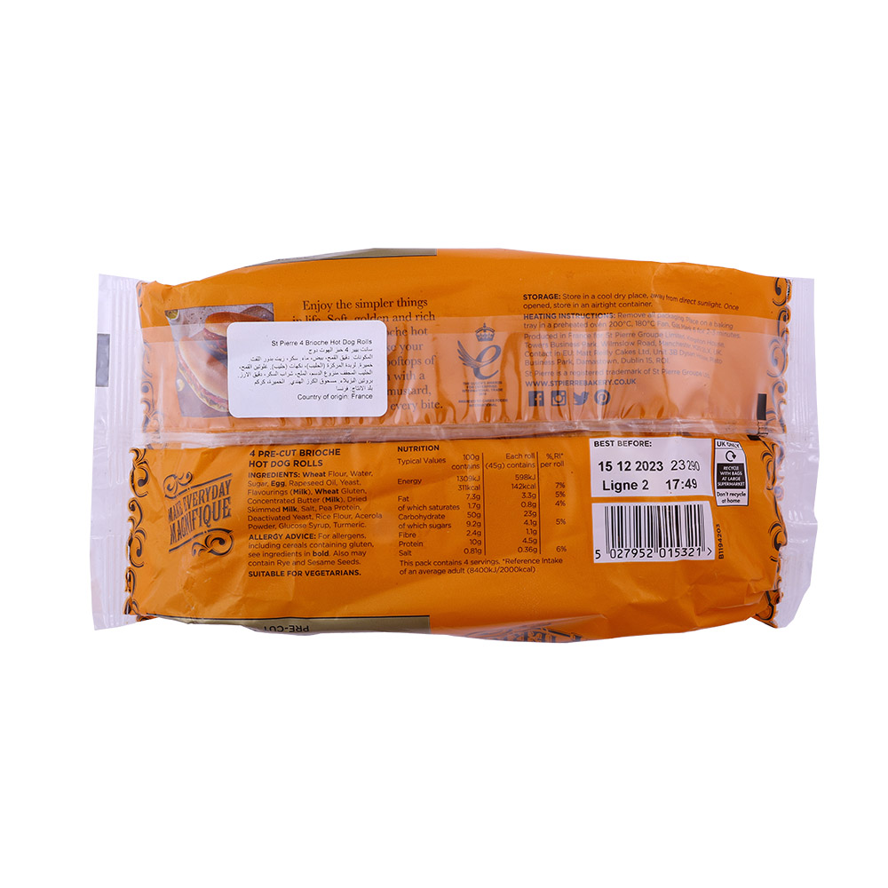 St Pierre Brioche Hot Dog Rolls 4 Pack 180g back image