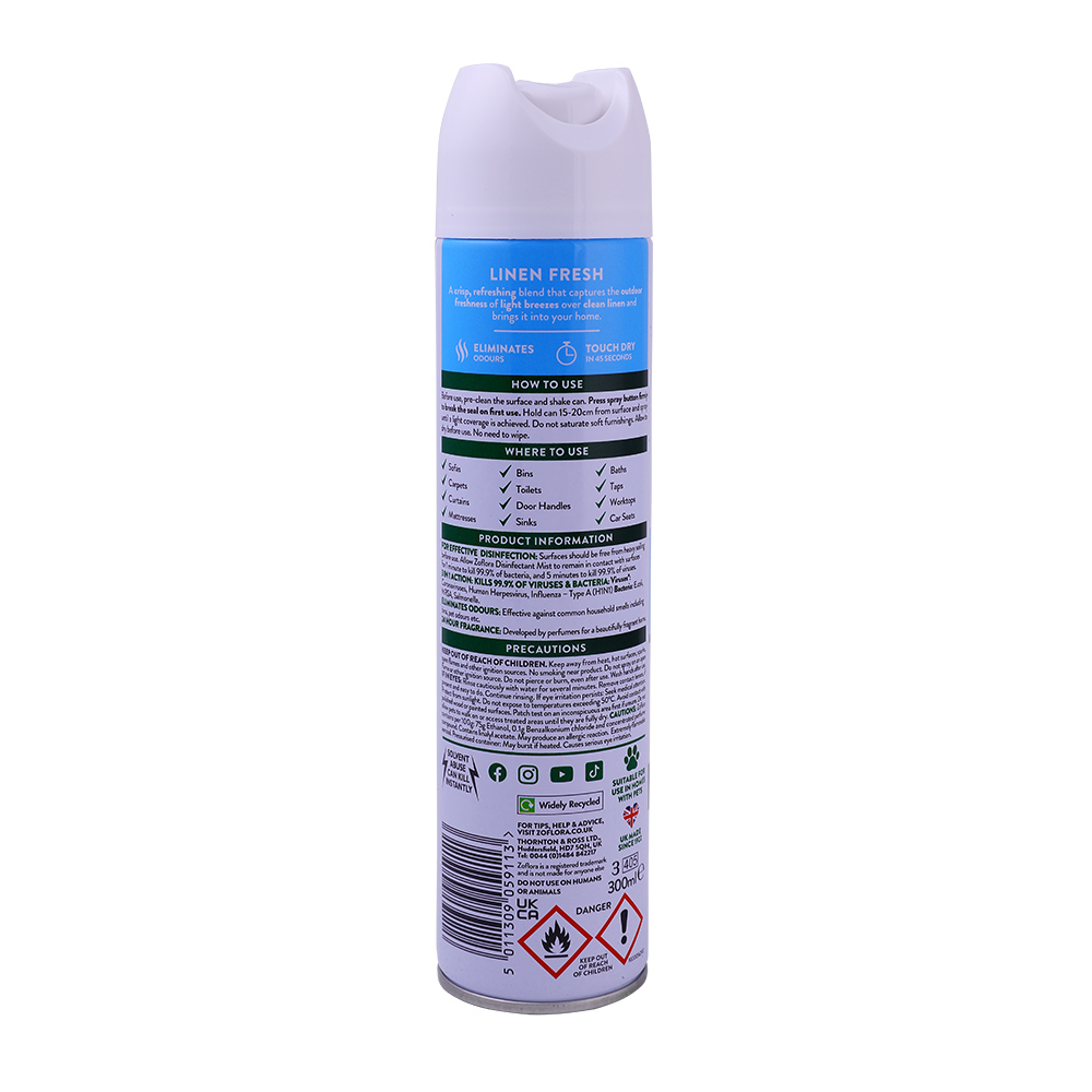 Zoflora Linen Fresh Aerosol Spray 300ml back image