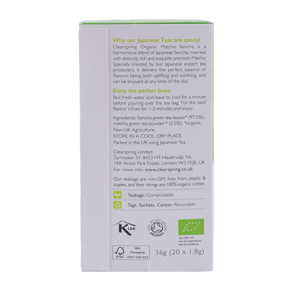 Clear Spring Organic Matcha Sencha Green Tea 36g back image