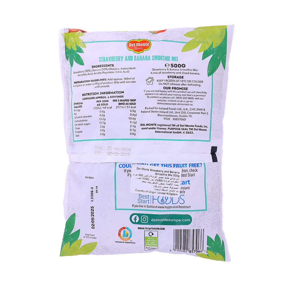 Delmonte Strawberry & Banana Smoothie Mix 500g back image