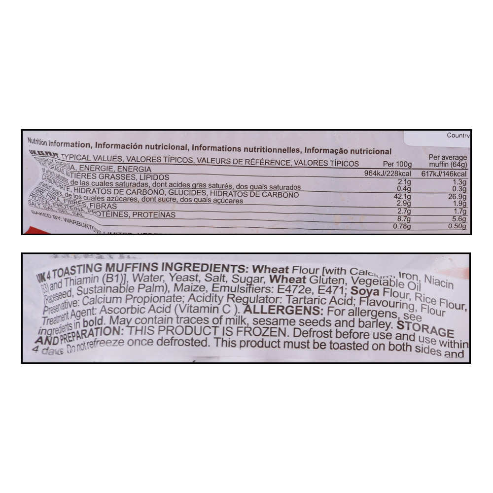 Warburtons 4 Toasting Muffins 284g- alosra supermarket near me 