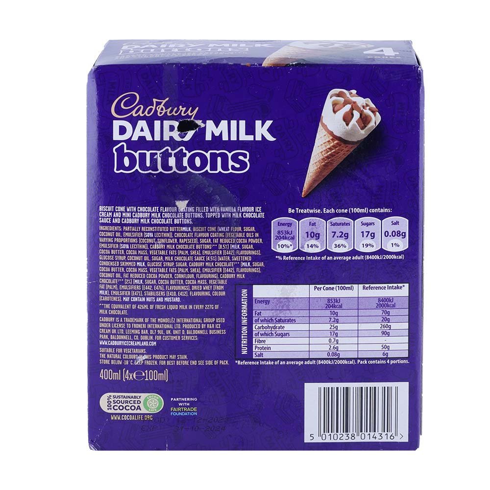 Cadbury Dairy Milk Buttons Ice Cream Cones 4x100ml back image