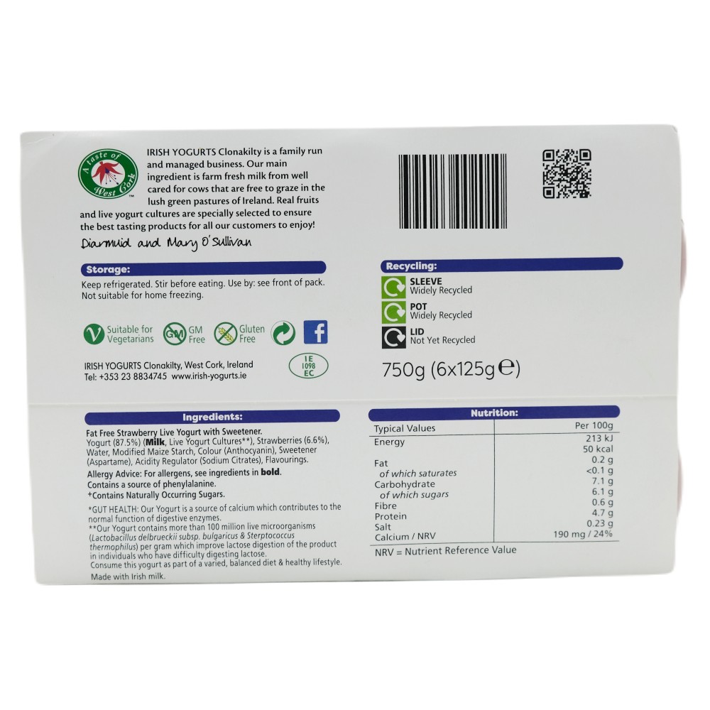Irish Yogurts Diet Strawberry Yogurt 6x125g [Special Offer] back image