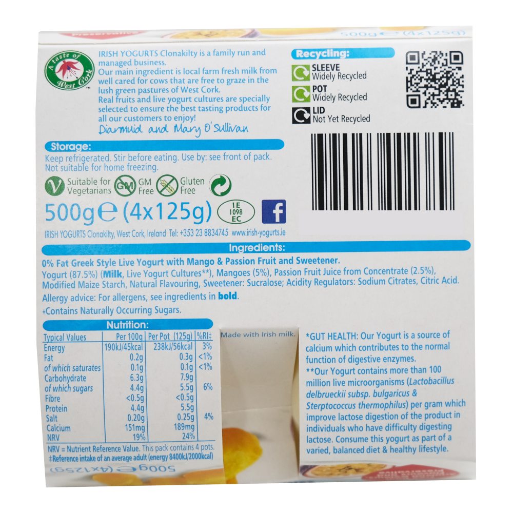 Irish Yogurts Clonakilty Greek Style Mango & Passion Fruit Yogurt 4x125g back image