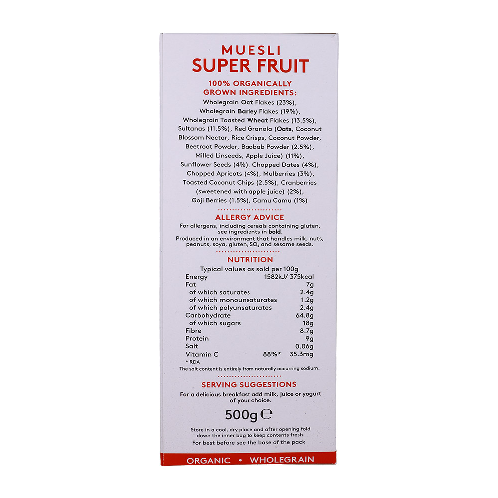 Alara Organic Muesli Super Fruit 500g back image