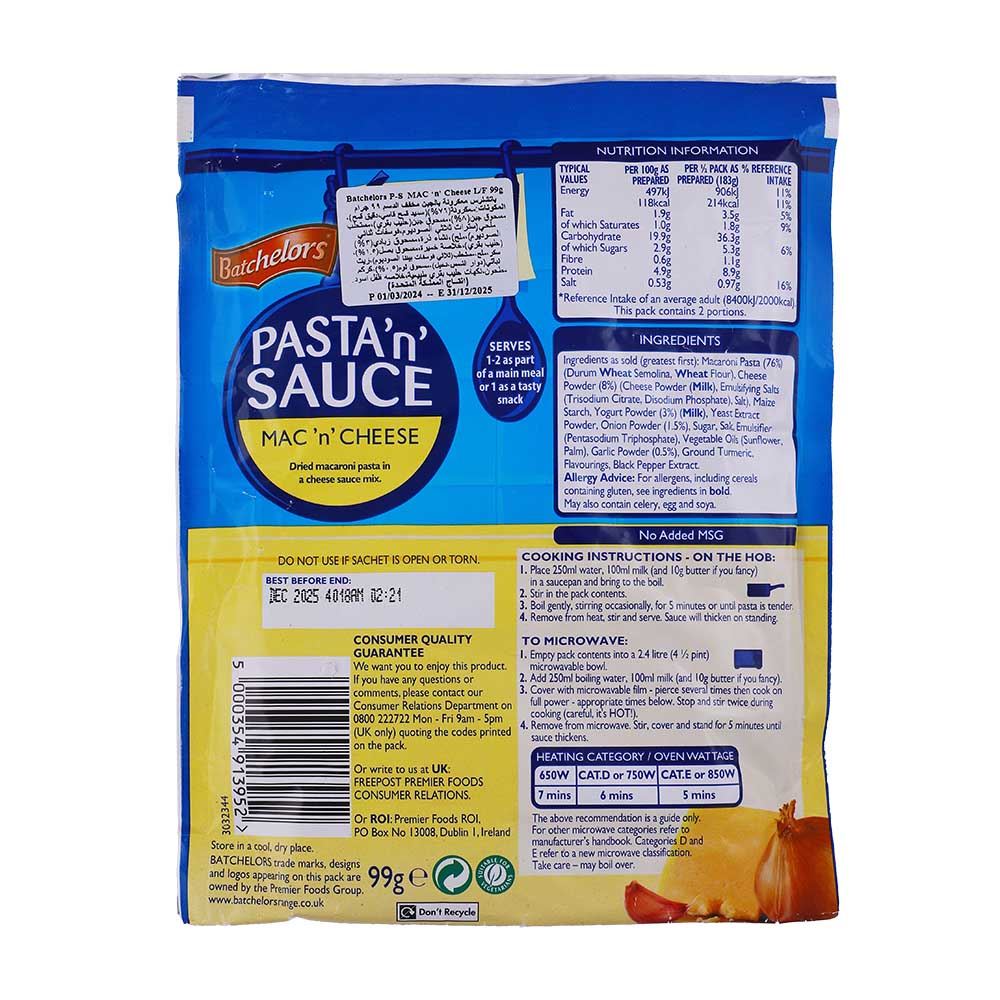 Batchelors Mac 'n' Cheese Pasta 'n' Sauce back image