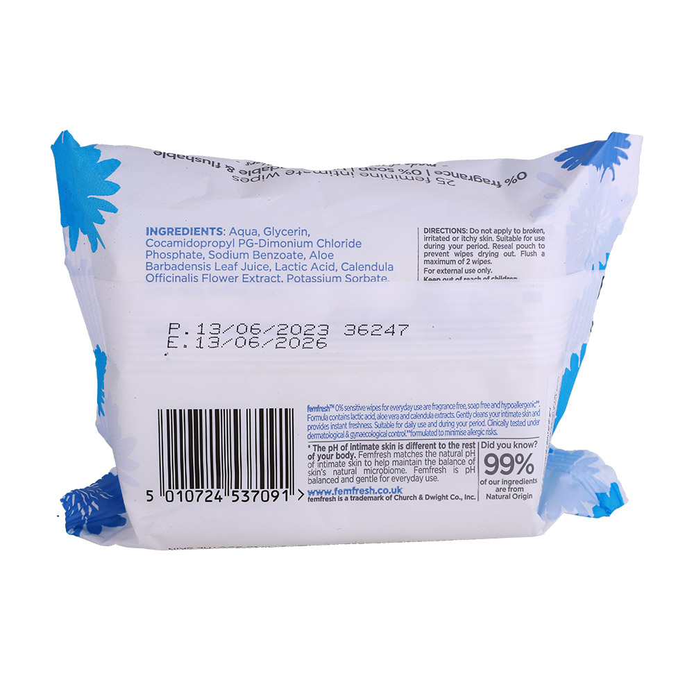 Femfresh 0% Sensitive Intimate Wipes 25s back image