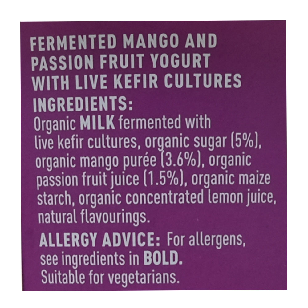 Yeo Valley Organic Kefir Mango Passion Fruit Yogurt 350g back image