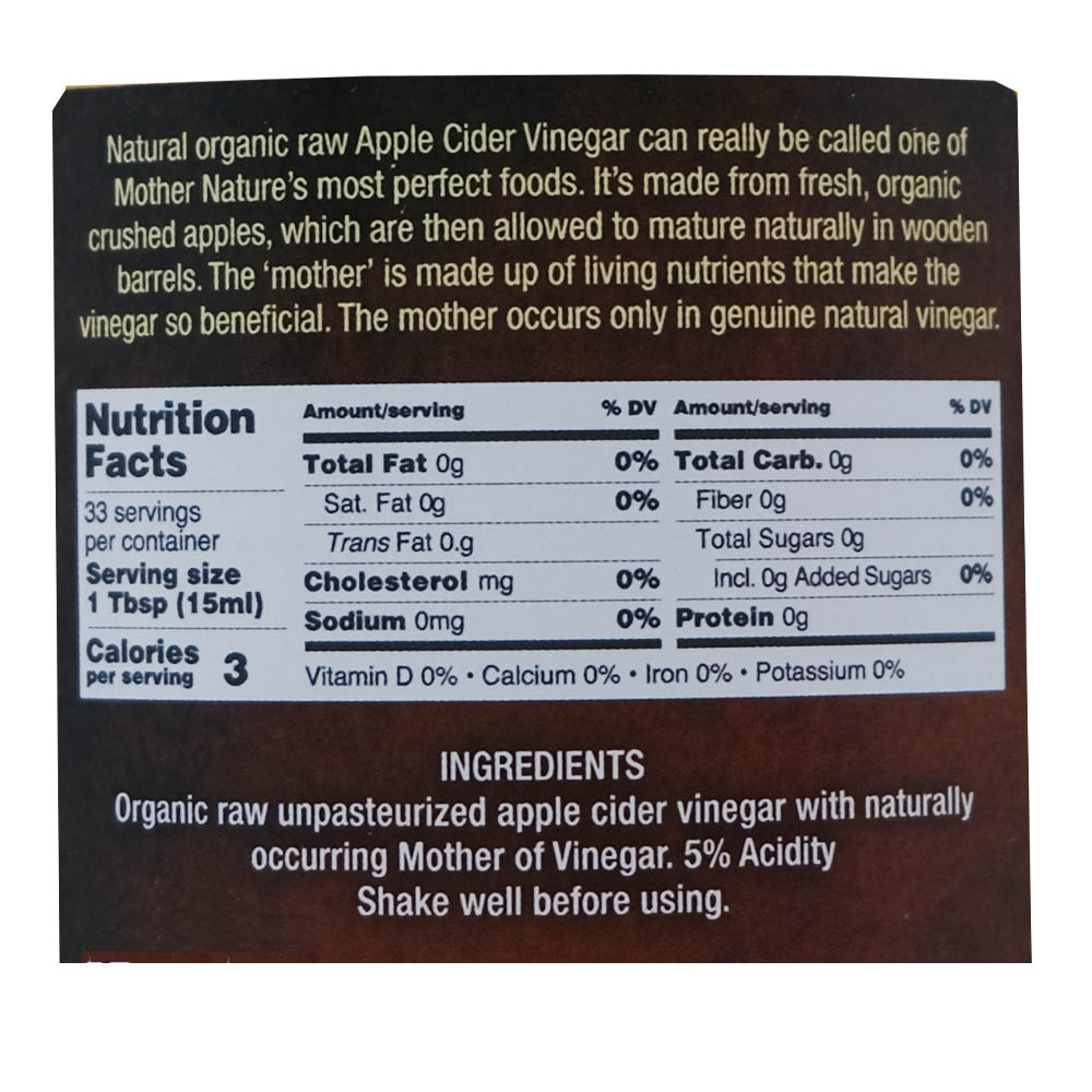 Brads Organic Apple Cider Vinegar 1L right side image
