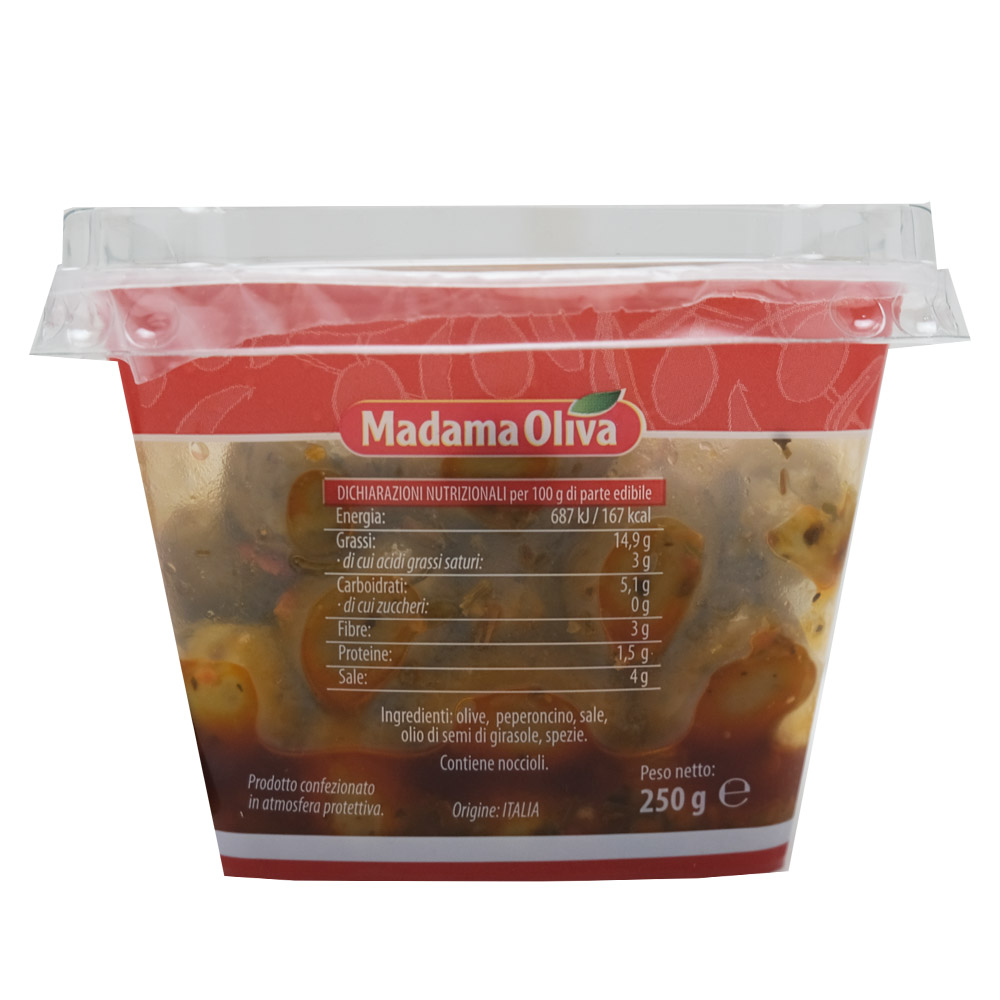 Madama Oliva Cracked Green Spicy Nocellara Olives 250g back image