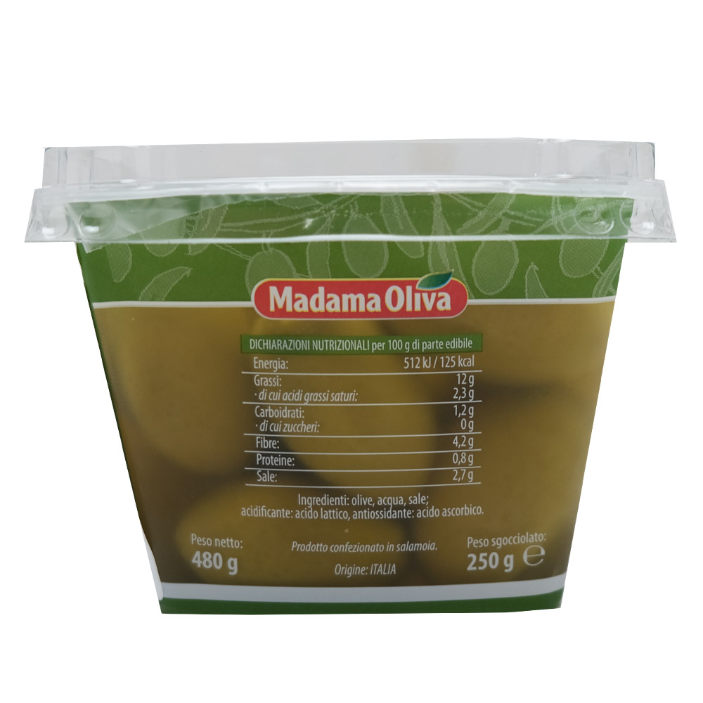 Madama Oliva Green Bella of Cerignola Olives Tray 250g back image