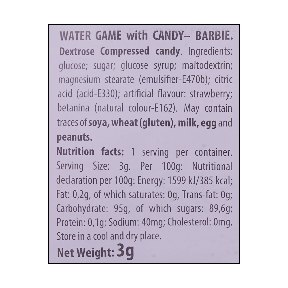Barbie Water Game Candy 3g right side image