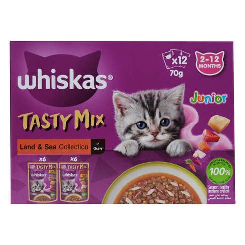 Whiskas Tasty Mix Junior Land & Sea Collection In Gravy Cat Food 12x70g 