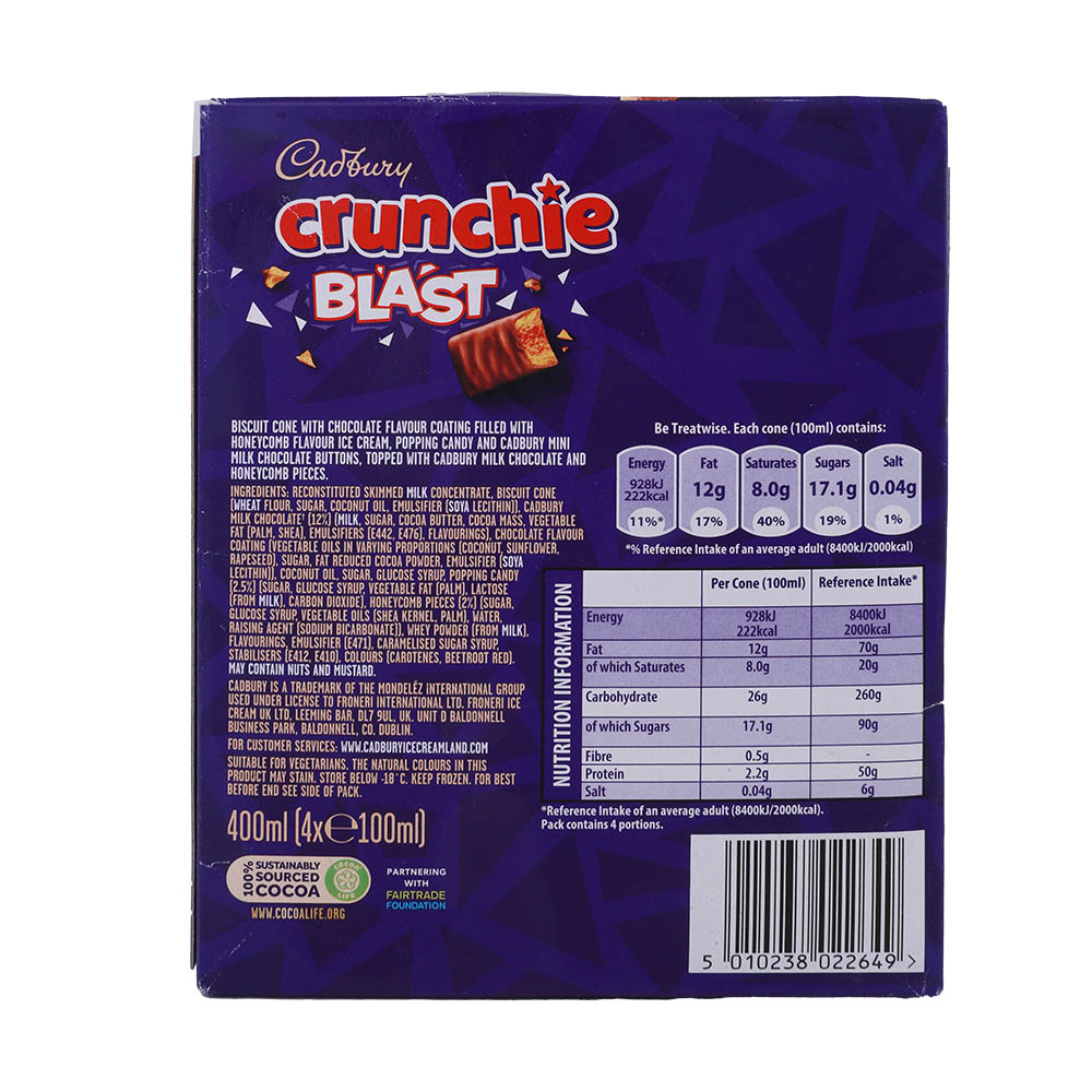 Cadbury Crunchie Blast Ice Cream Cones 4's 400ml back image