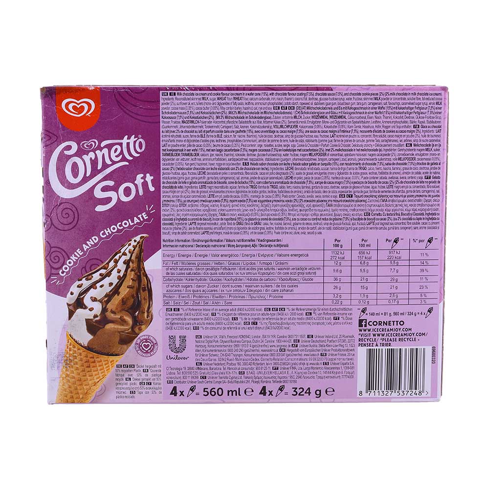 Cornetto Cookie & Chocolate Soft Ice Cream Cones 4's 560ml back image