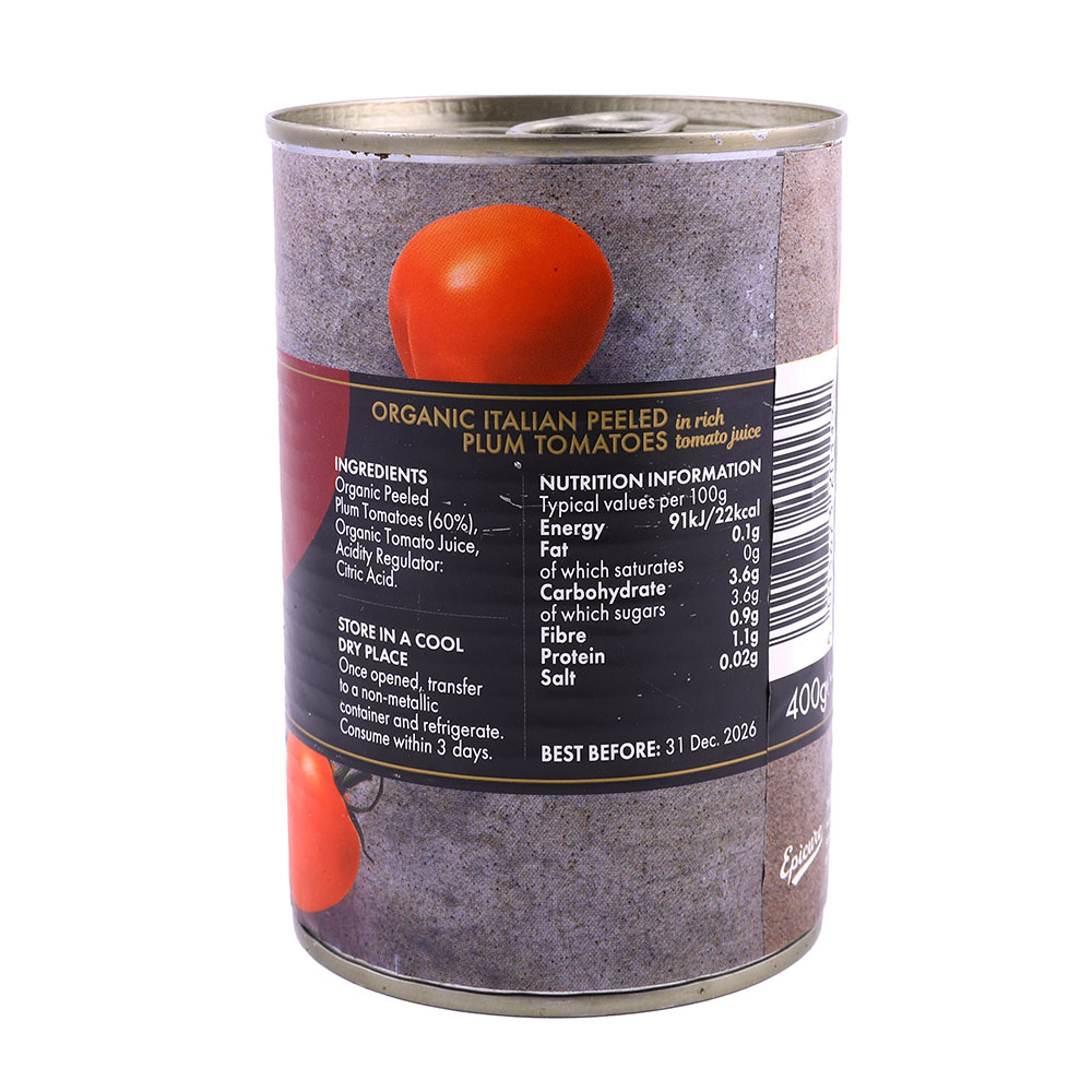 Epicure Organic Italian Peeled Plum Tomatoes 400g back image