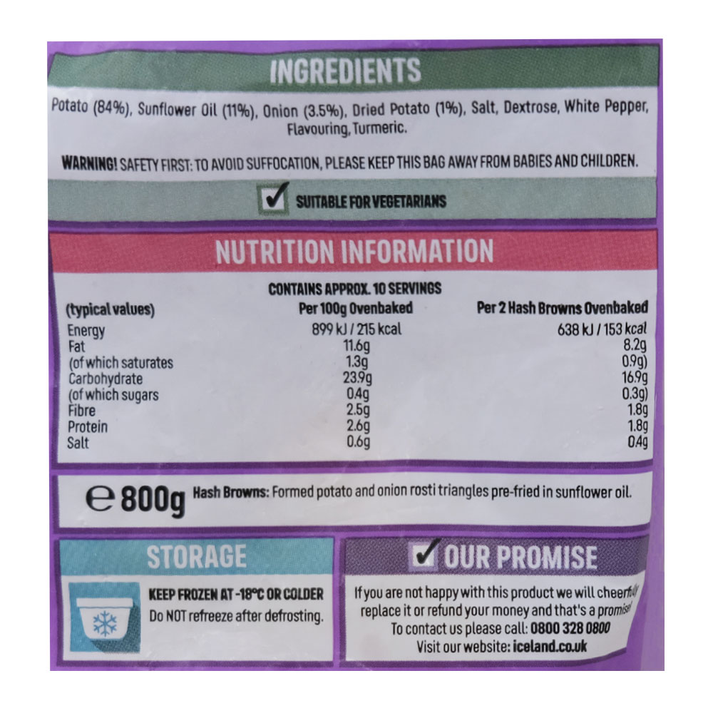 Iceland Hash Browns 800g back image