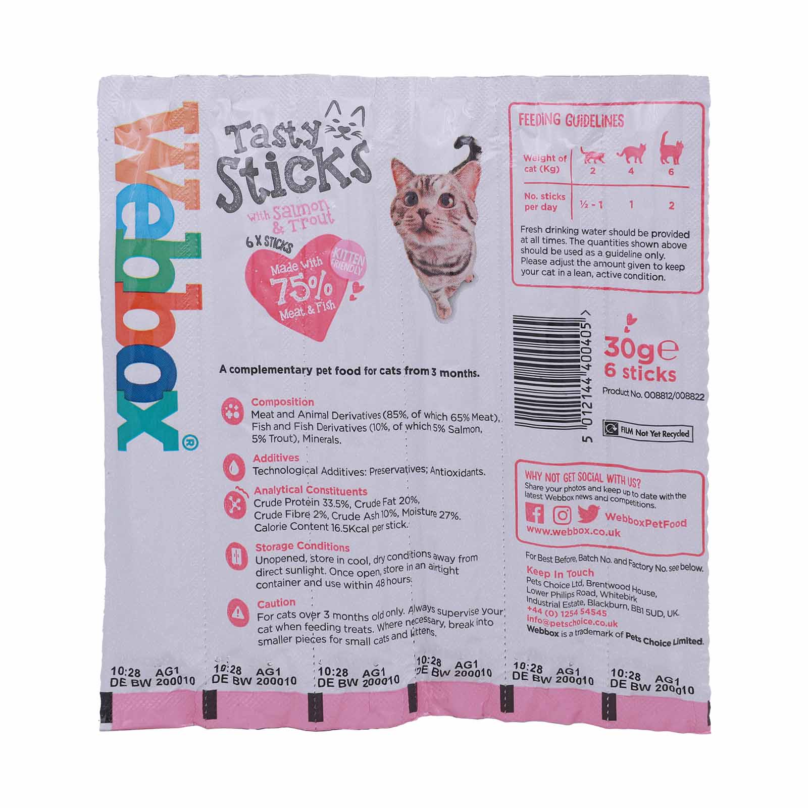 Webbox Tasty Sticks Salmon & Trout Cat Sticks 30g back image