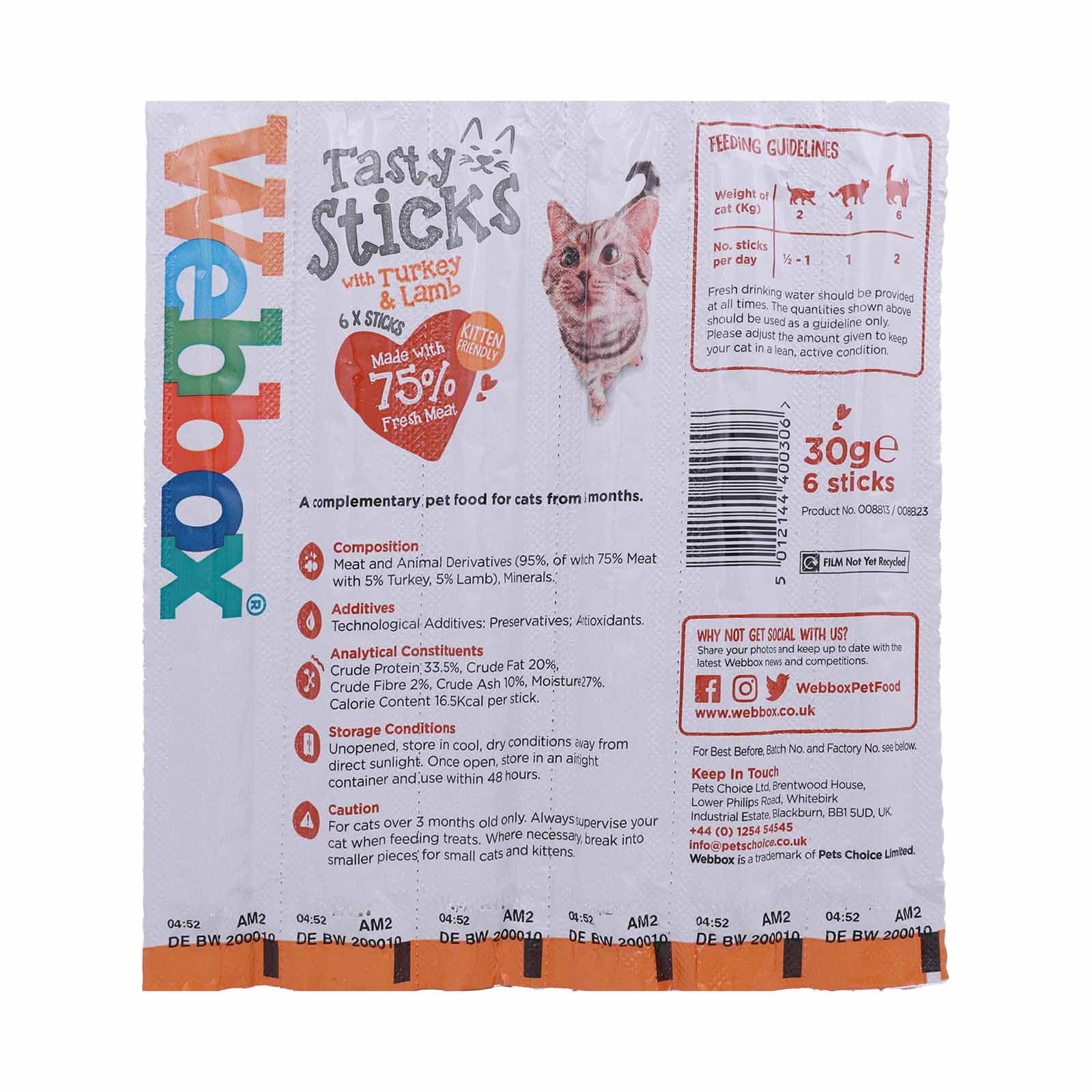 Webbox Tasty Sticks Turkey & Lamb Cat Sticks 30g back image