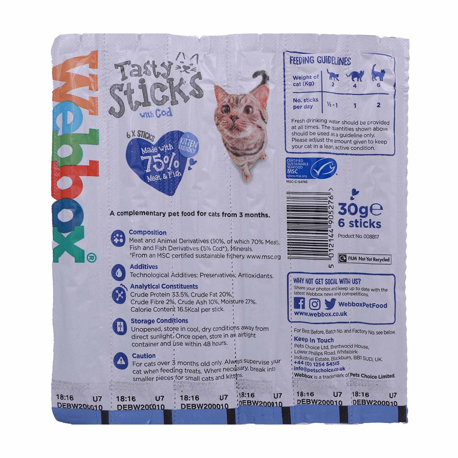 Webbox Tasty Sticks Cod Cat Sticks 30g back image