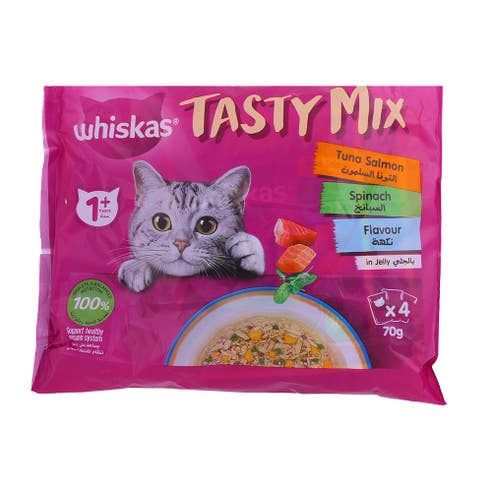 Whiskas Tasty Mix Tuna, Salmon & Spinach In Jelly Cat Food 70g 