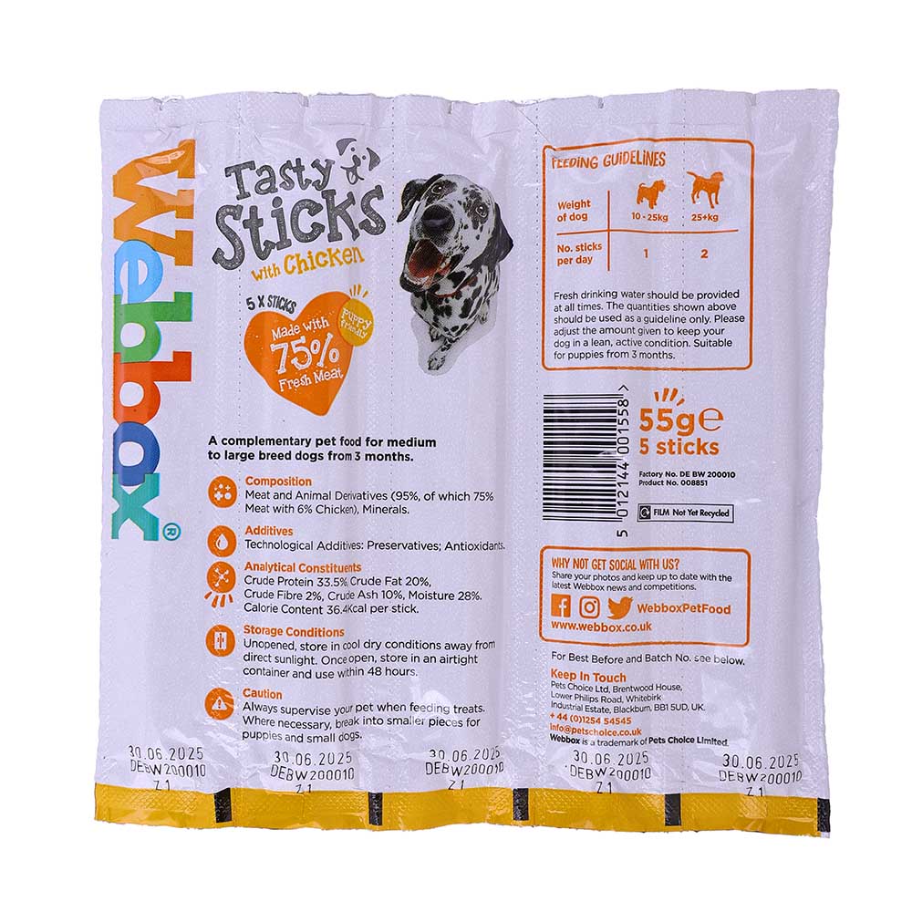 Webbox Chicken Sticks Delight Dog Treats 55g back image