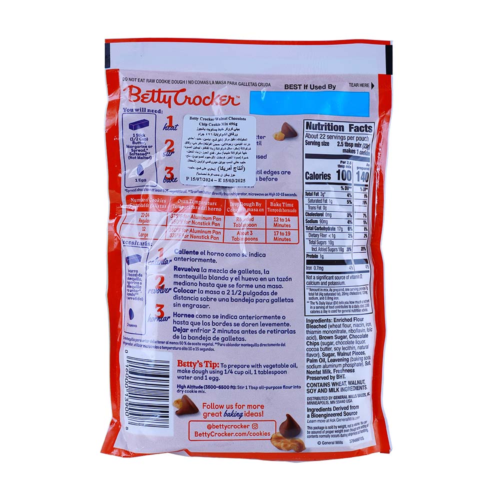 Betty Crocker Walnut Chocolate Chip Cookie Mix 496g back image