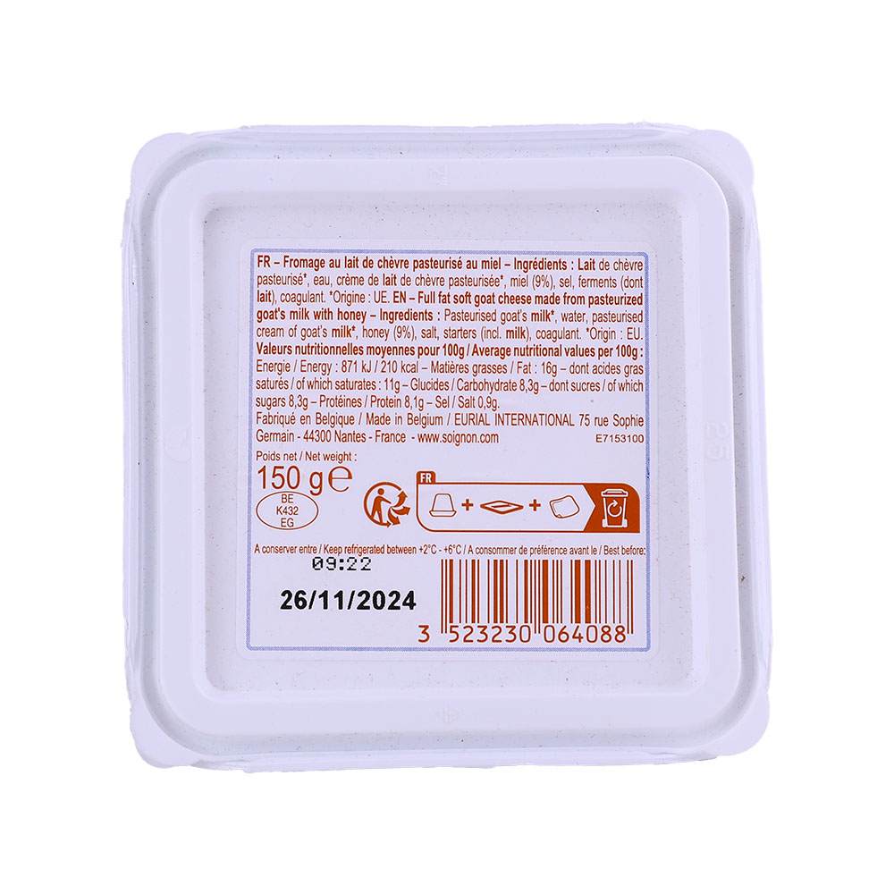 Soignon Honey Spreadable Goat Cheese Pyramid 150g back image