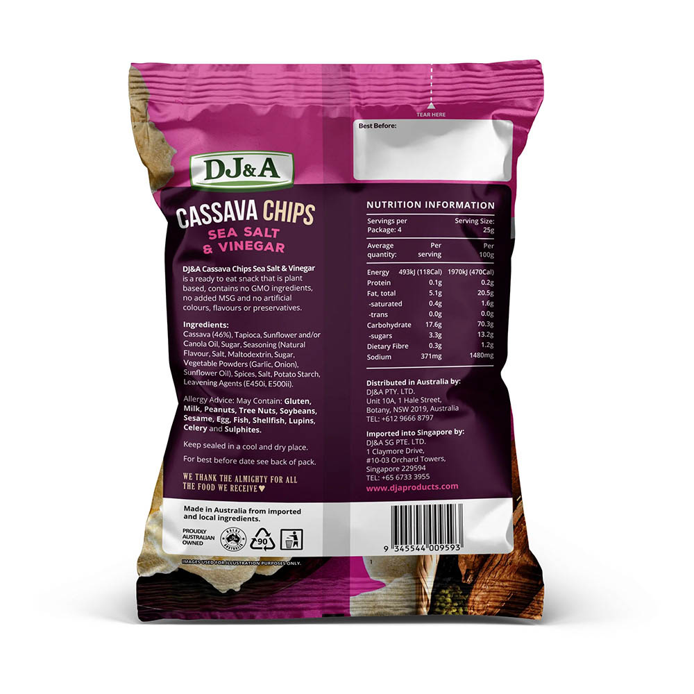 DJ&A Sea Salt & Vinegar Cassava Chips 100g back image