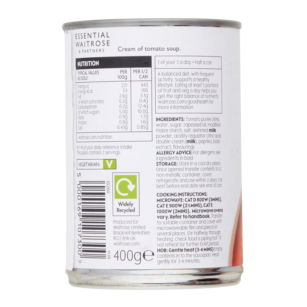Waitrose Essential Cream Of Tomato Soup 400g right side image
