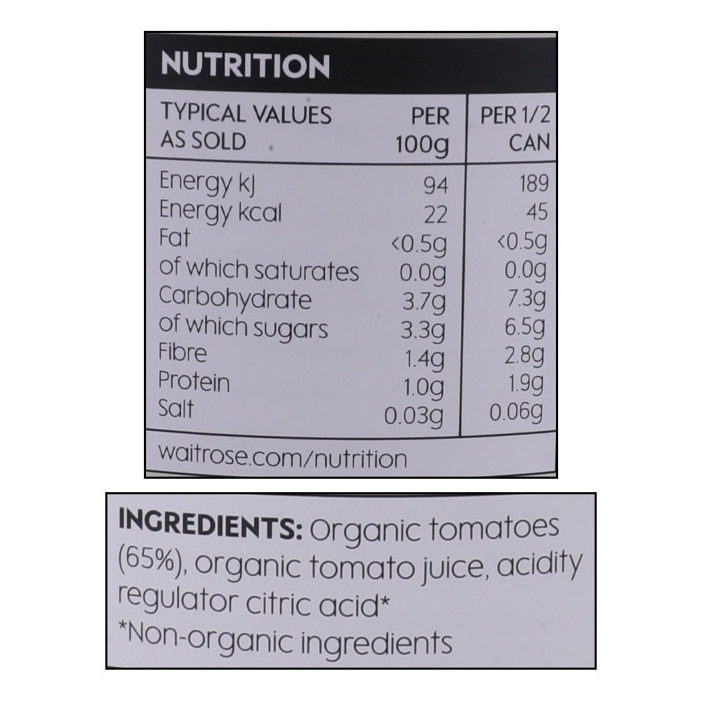 Waitrose Organic Chopped Tomatoes 400g right side image