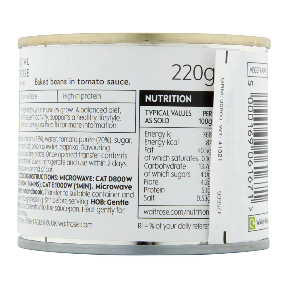 Waitrose Essential Baked Beans In Tomato Sauce 220g right side image