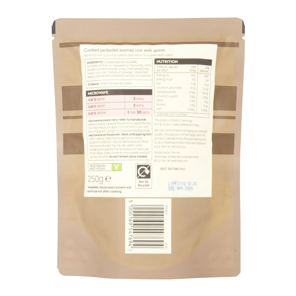 Waitrose Pilau Rice 250g right side image