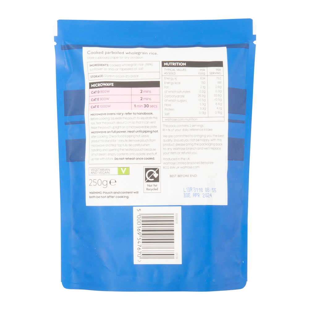Waitrose Wholegrain Rice 250g right side image