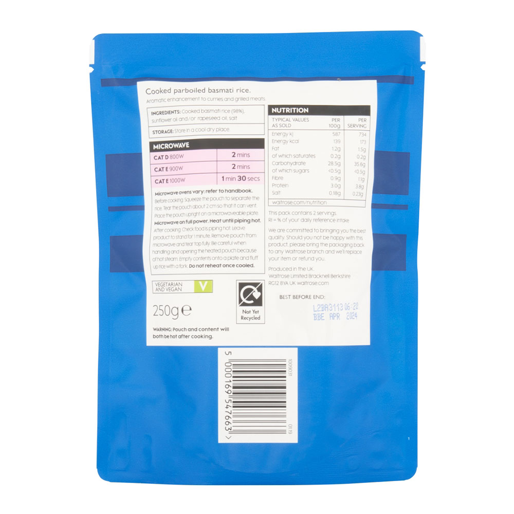 Waitrose Basmati Rice 250g right side image