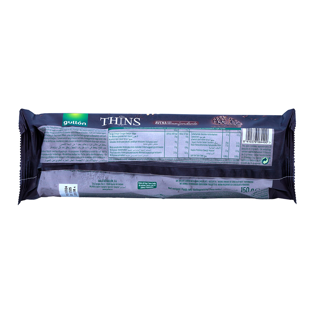 Gullon Thins Oaty Dark Chocolate Biscuits 150g back image