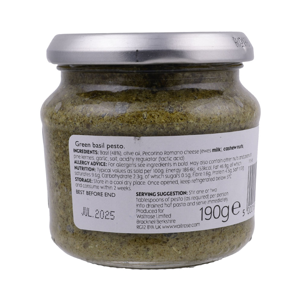 Waitrose Green Basil Pesto Sauce 190g back image