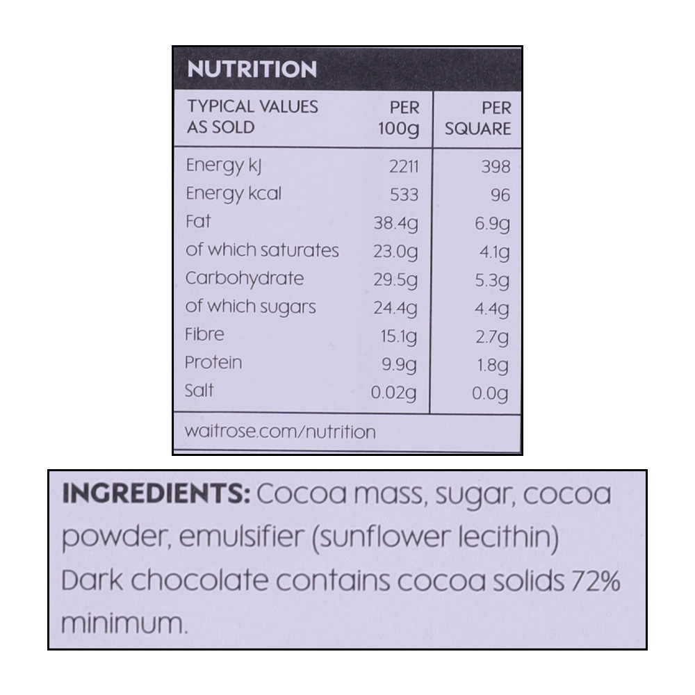 Waitrose 72% Belgian Dark Chocolate Bar 180g right side image