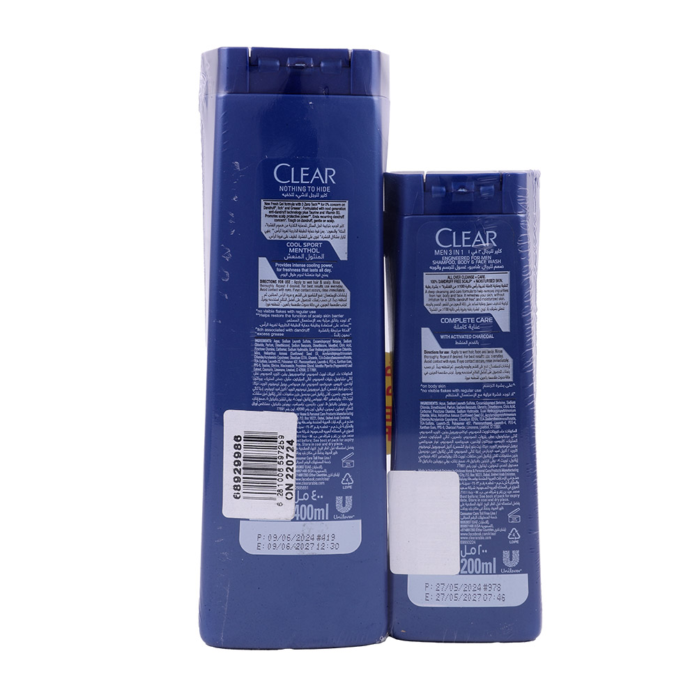 Clear Men Cool Menthol Shampoo 400ml + Men 3 in 1 Shampoo 200ml [Special Offer] back image