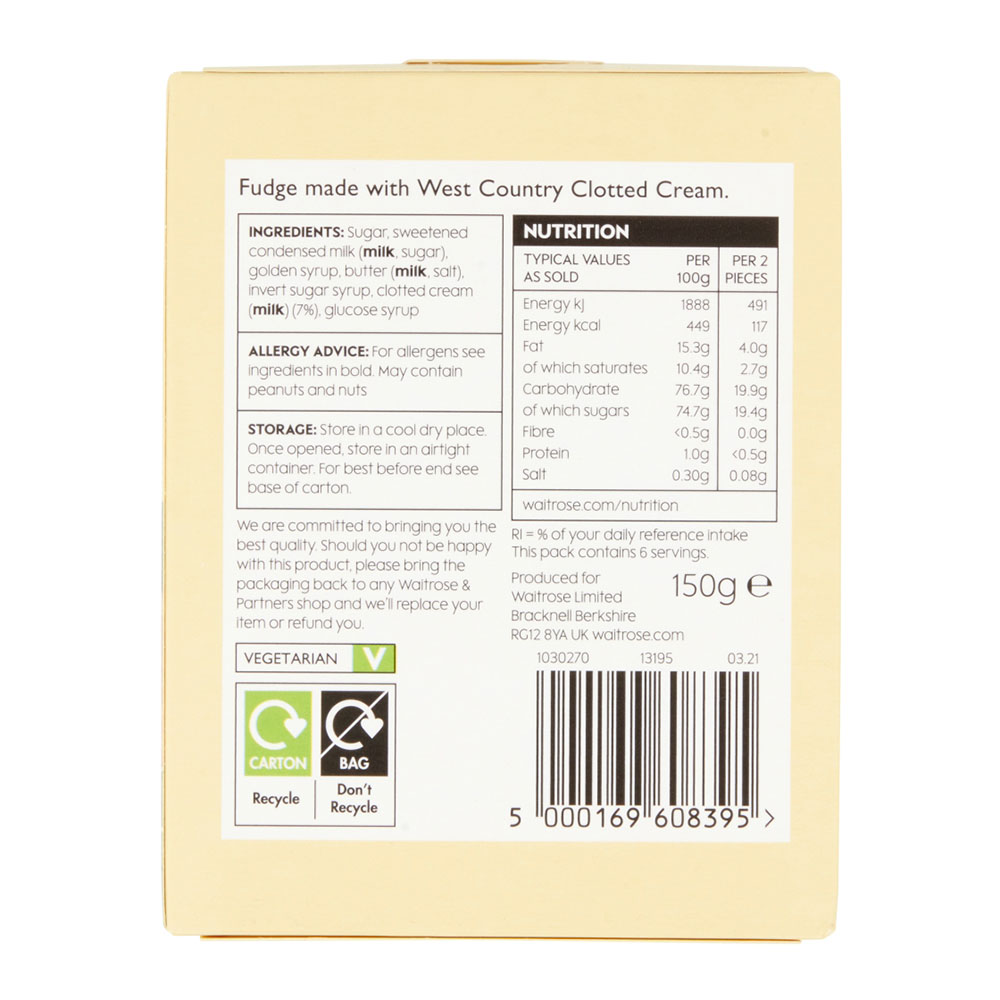 Waitrose Clotted Cream Fudge 150g right side image