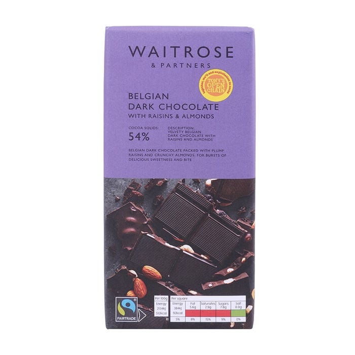 Waitrose Belgian Dark Chocolate With Raisins & Almonds 180g